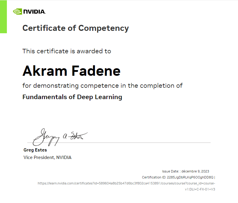 Certificate Deep learning